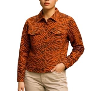Tiger print Jean Jacket whimsical orange Animal Print Denim jacket NWOT Sz M
